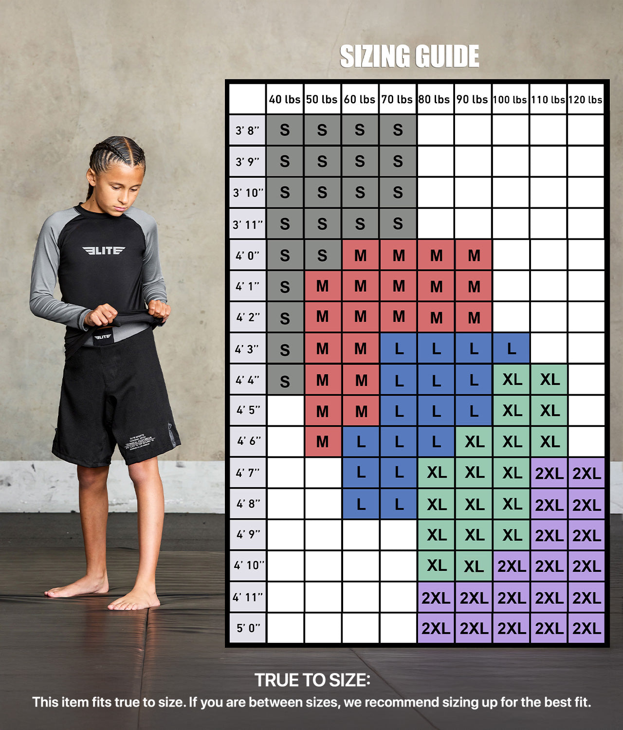 standard grey long sleeve kids jiu jitsu rash guard size chart