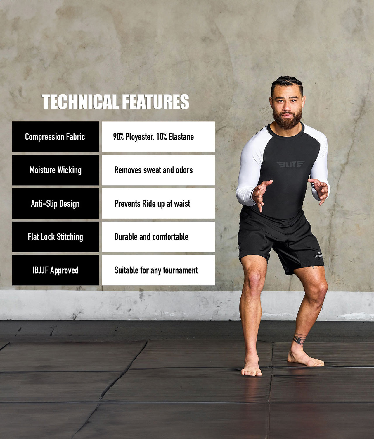 standard white long sleeve mens jiu jitsu rash guard technical features