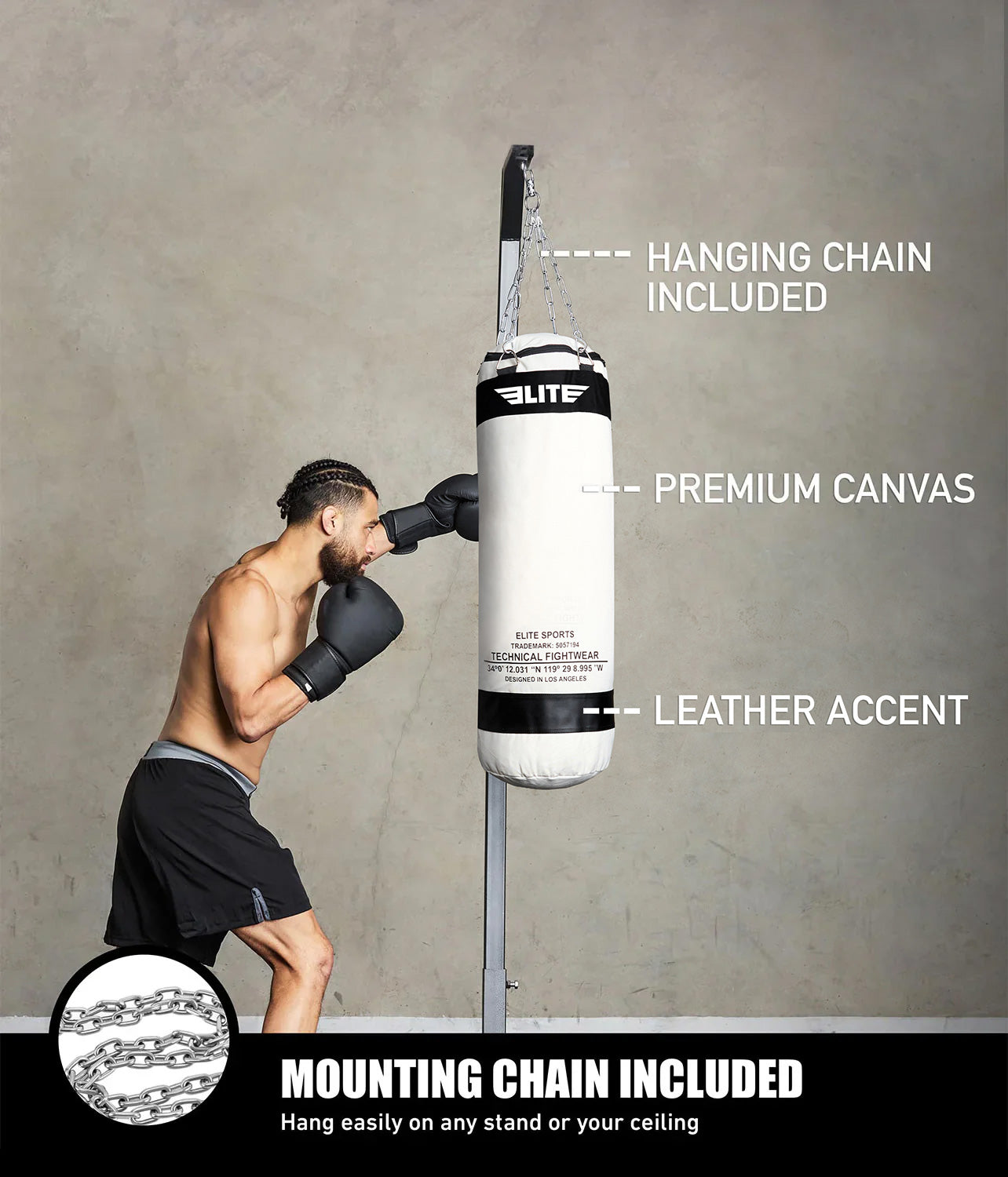 Elite Canvas Punching Bag with Chains Raw Color