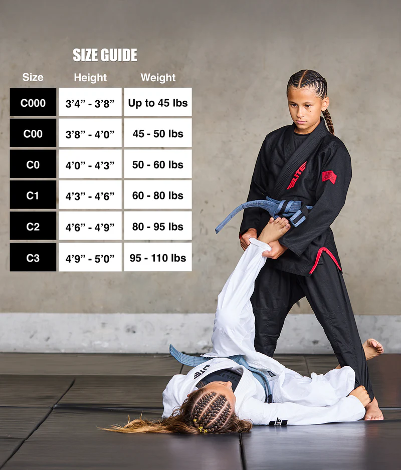 elite core black girls bjj gi size chart