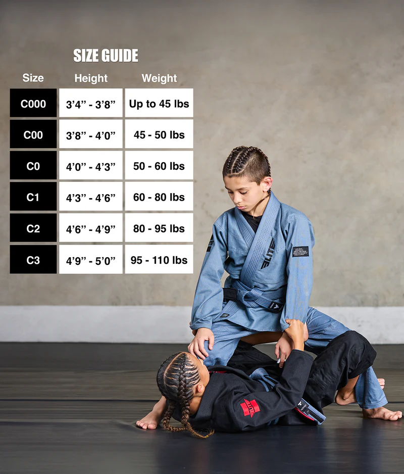 elite core gray girls bjj gi size chart