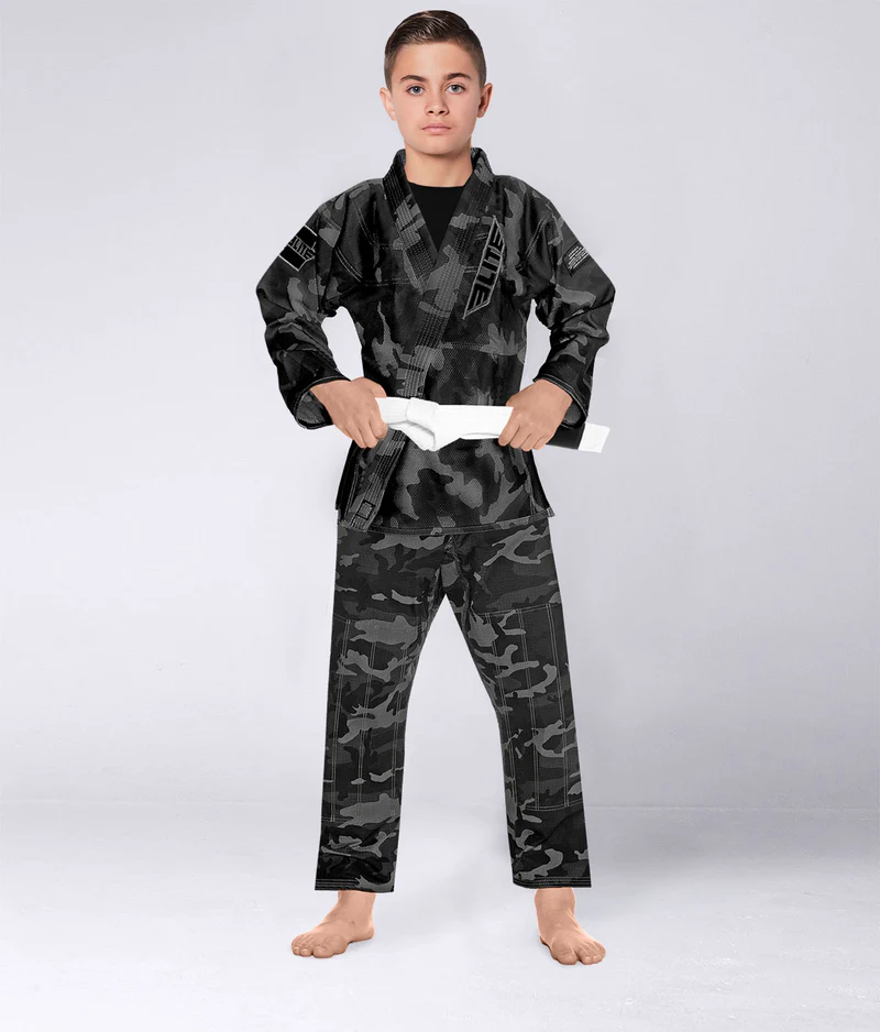 elite core gray camo kids bjj kimono fabric