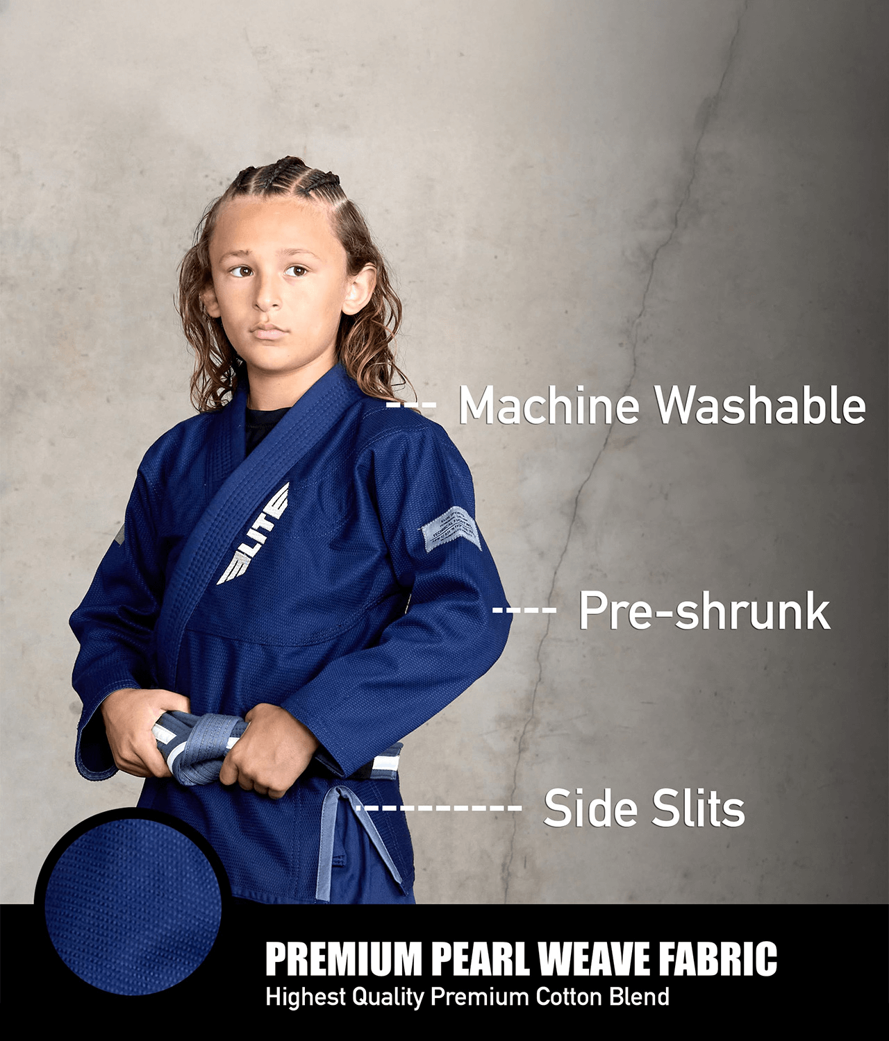 elite core navy kids bjj kimono fabric