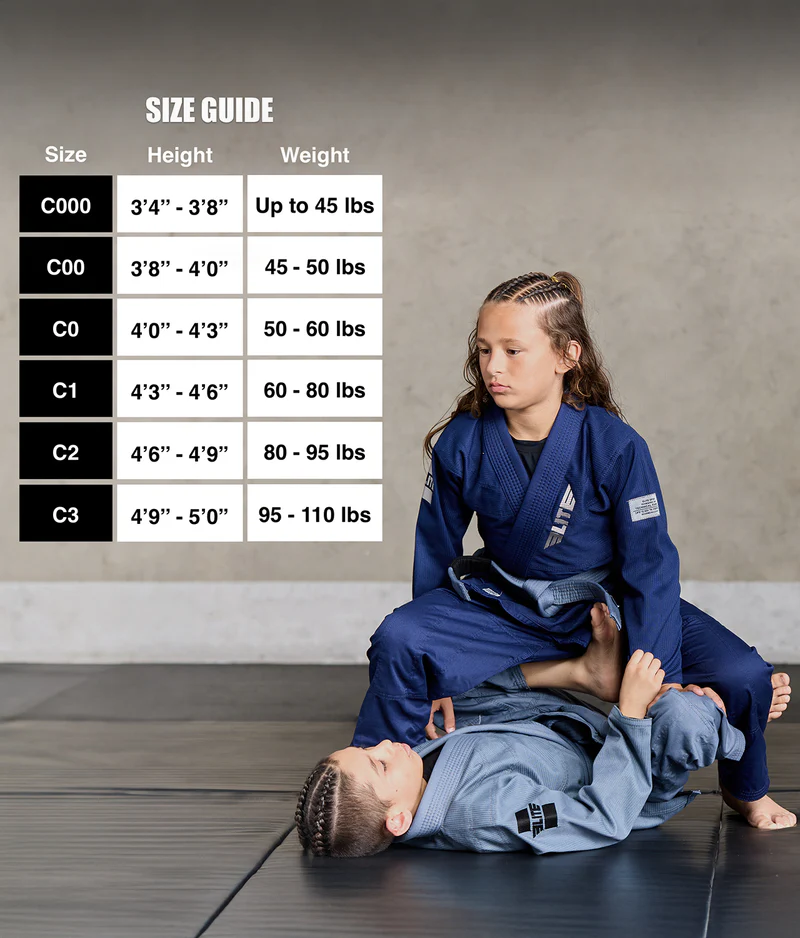 elite core navy girls bjj gi size chart