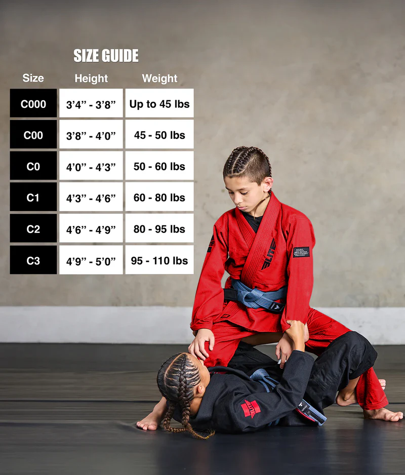 elite core red girls bjj gi size chart