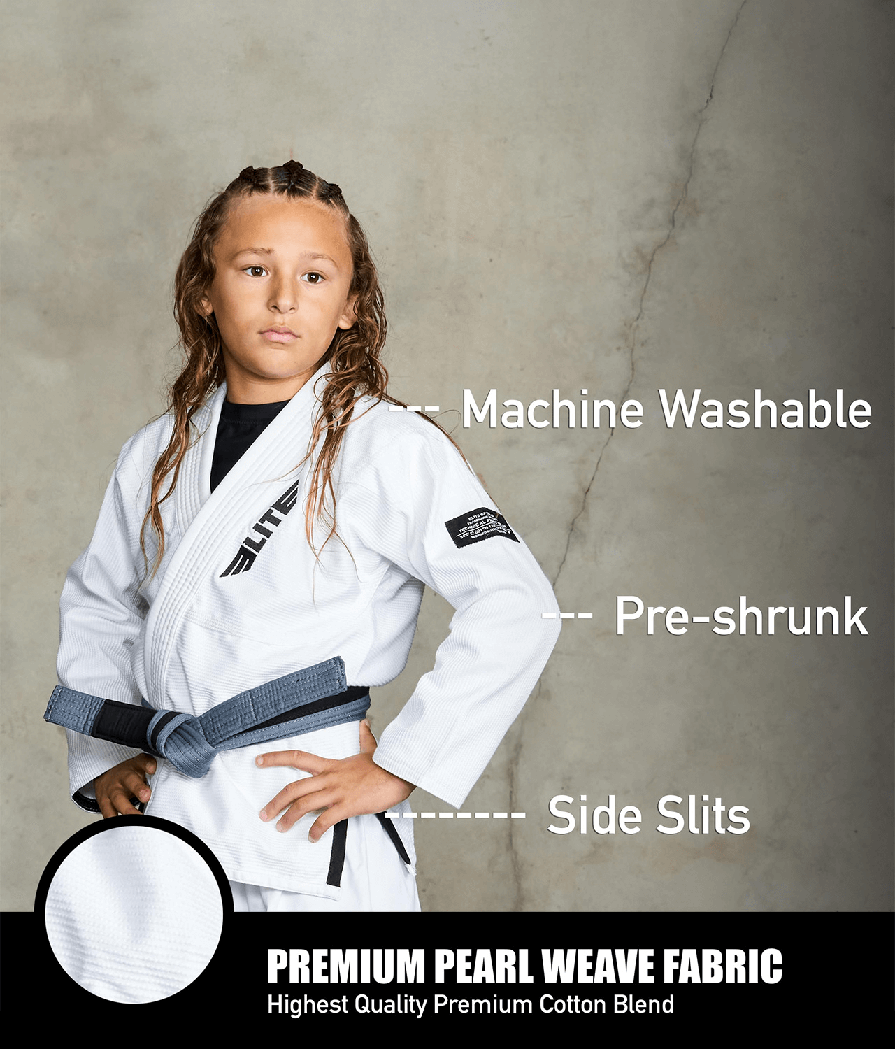 elite core white kids bjj kimono fabric