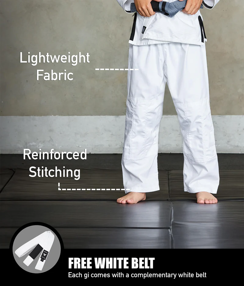 elite core white youth bjj gi with free white belt