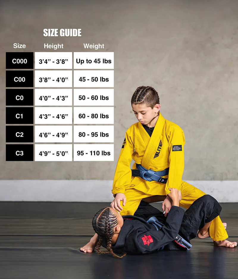 elite core yellow girls bjj gi size chart