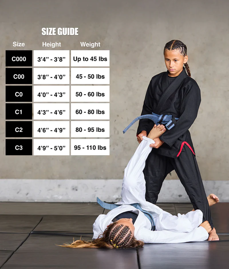 elite core black girls jiu jitsu gi size chart