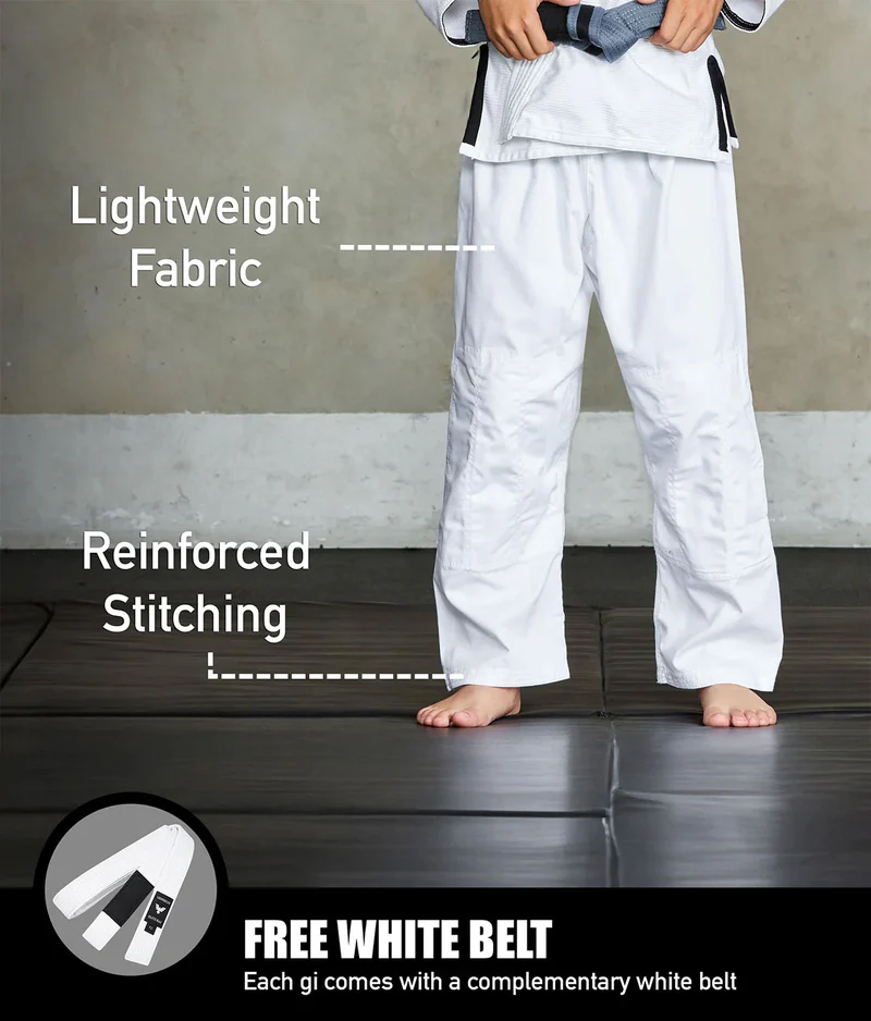 elite core white youth jiu jitsu gi with free white belt