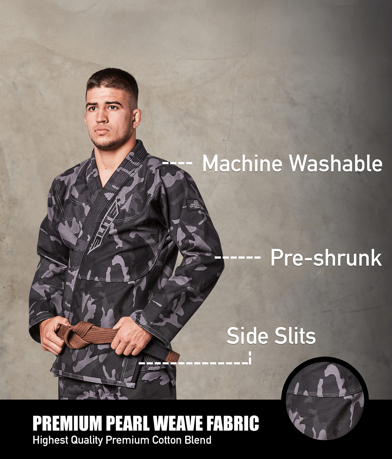 elite core gray camo mens bjj kimono fabric