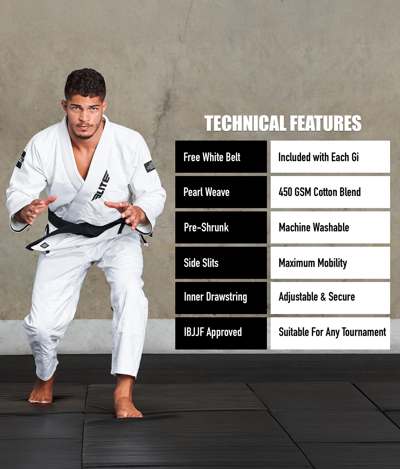 elite core white mens bjj uniform technical features