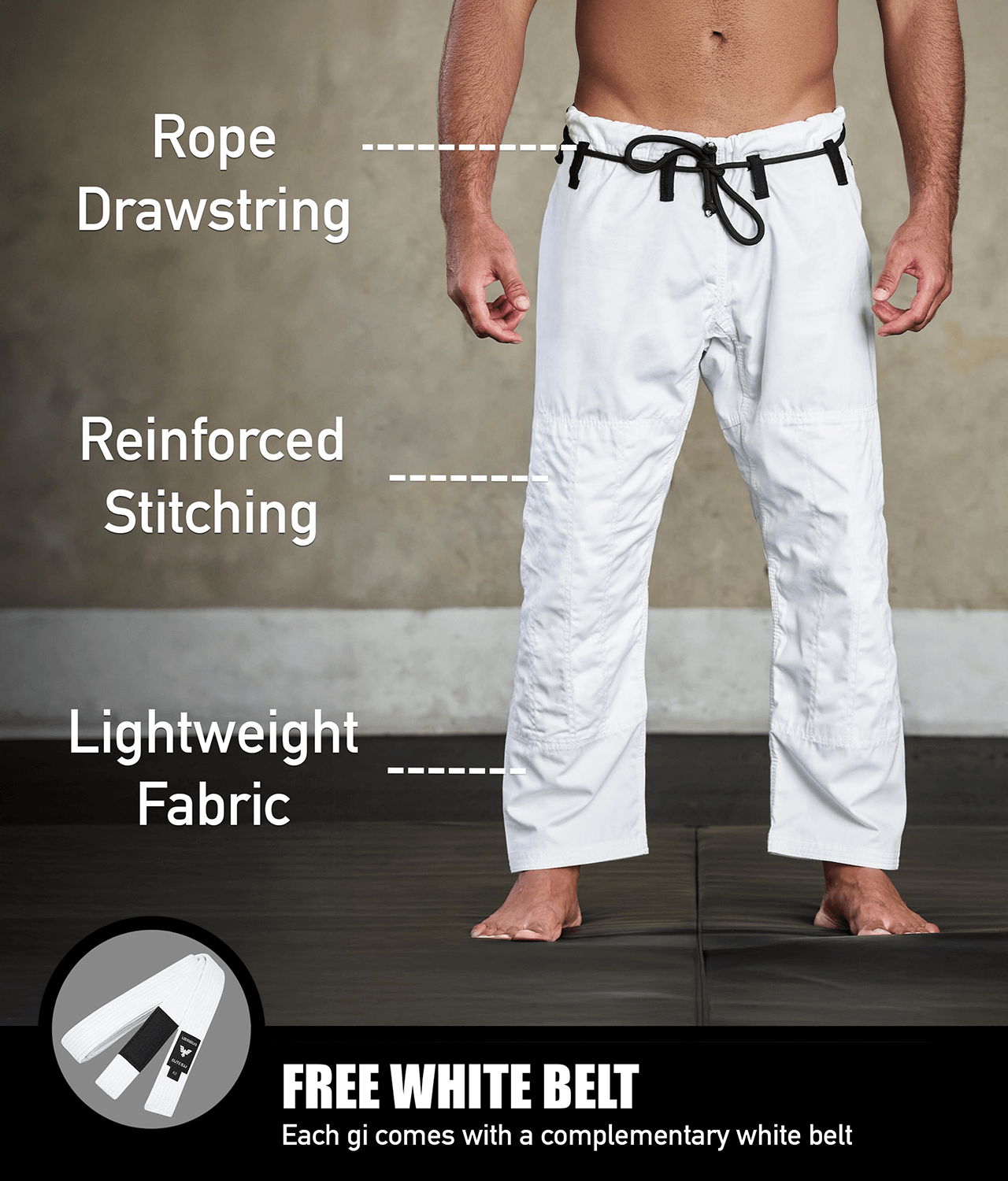 elite essential white mens jiu jitsu gi with free white belt