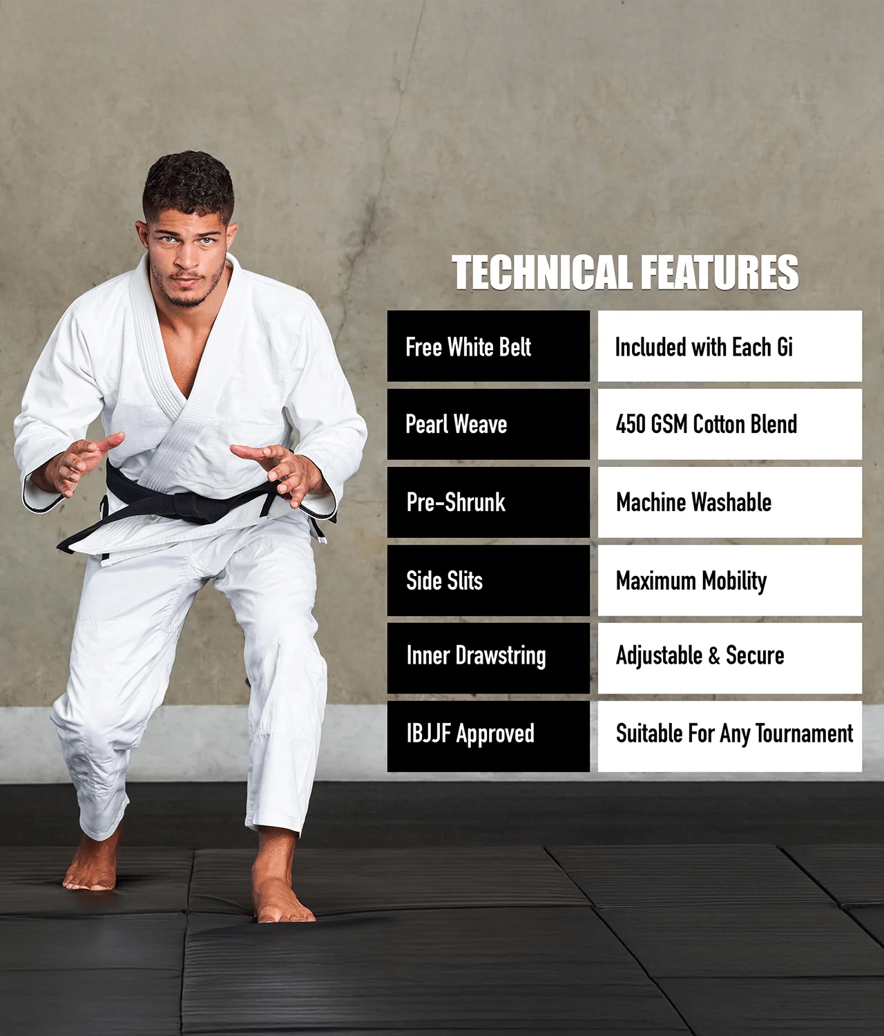 elite essential white mens jiu jitsu uniform technical features