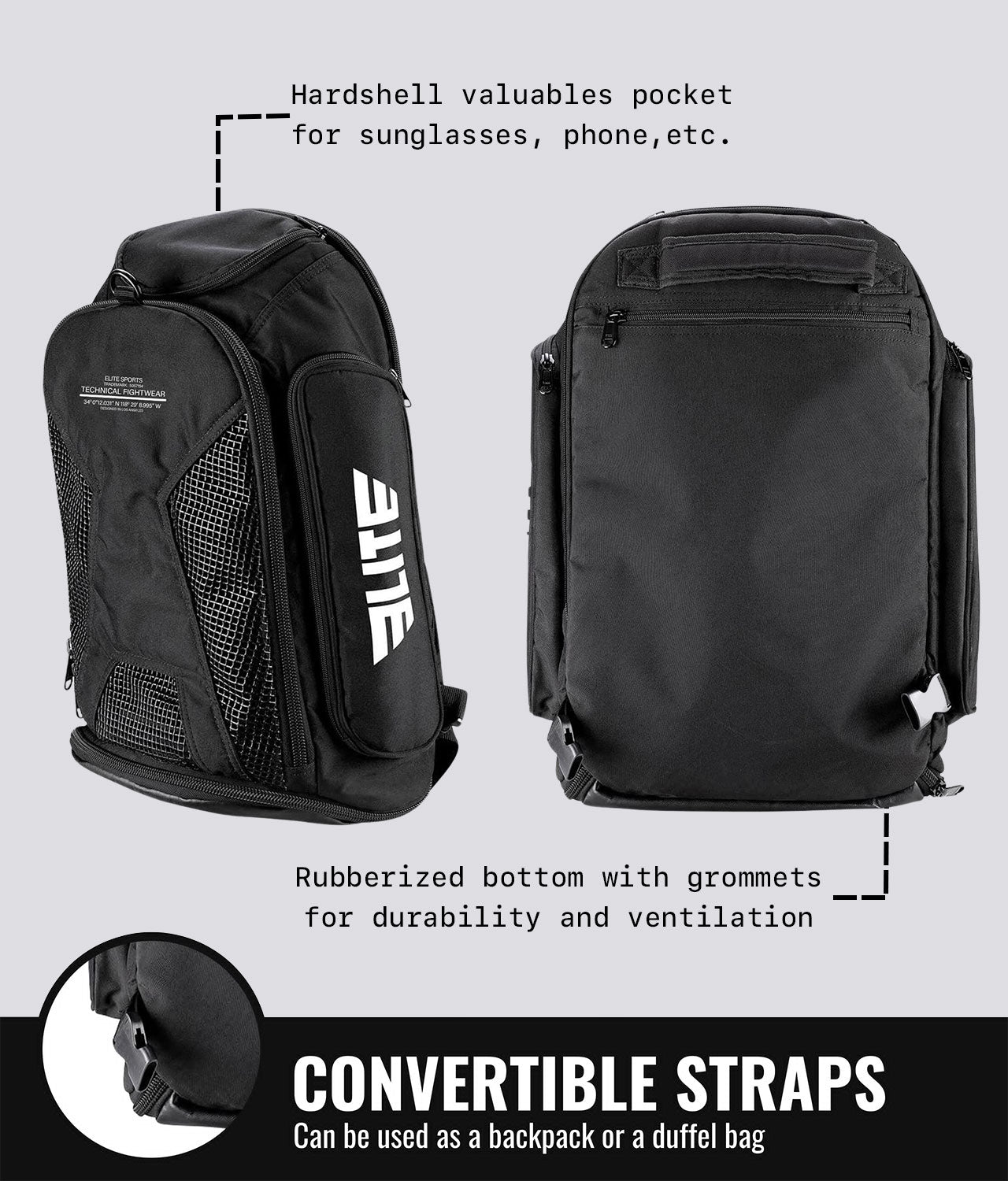 Elite Sports Convertible Black MMA Gear Gym Bag & Backpack