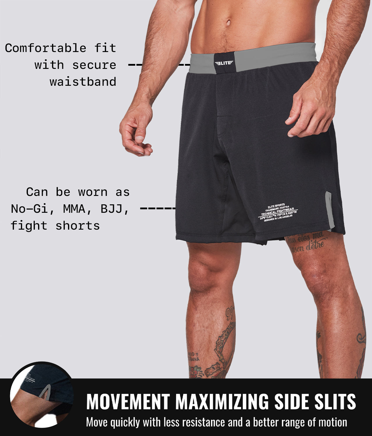 Elite Sports Men's Black Jack Gray Training Shorts Movement Maximizing Side Slits
