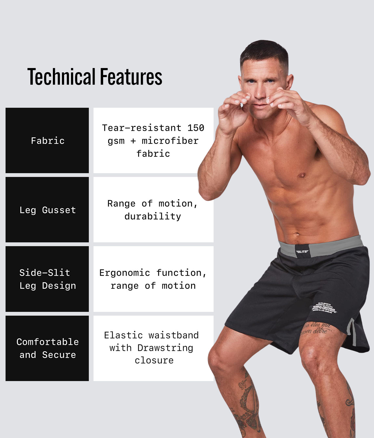 Elite Sports Men's Black Jack Gray Training Shorts Technical Features