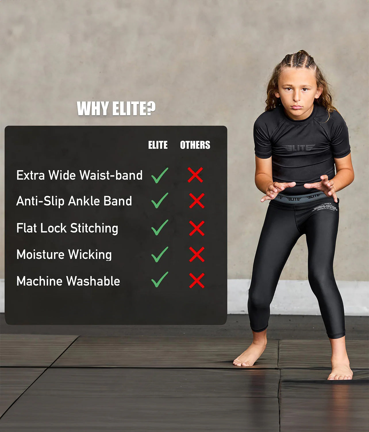 Kids' Plain Black Compression No-Gi BJJ Spats