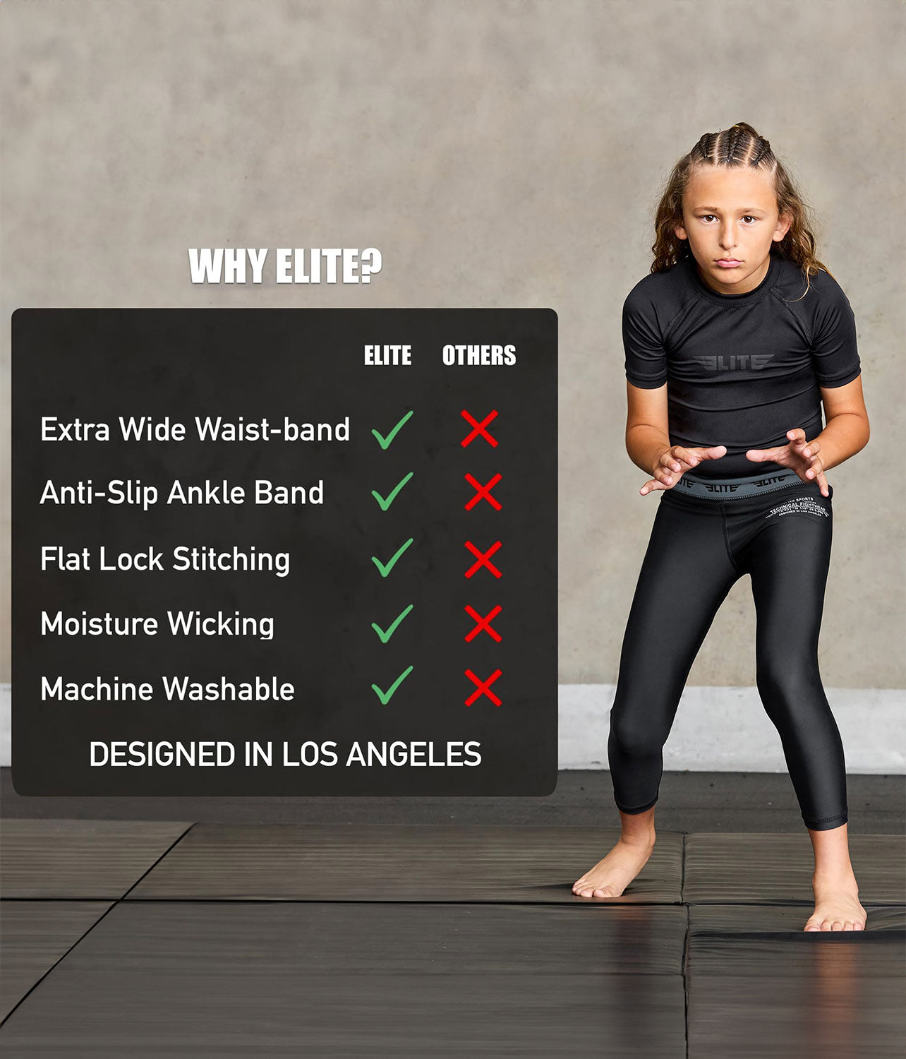 Kids' Plain Black Compression Jiu Jitsu Bjj Spat Pants