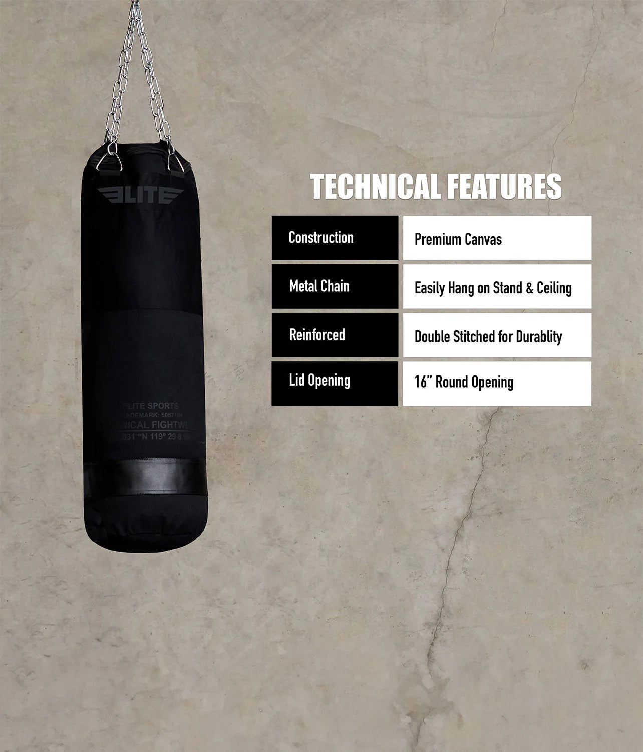 Elite Canvas Punching Bag with Chains Black