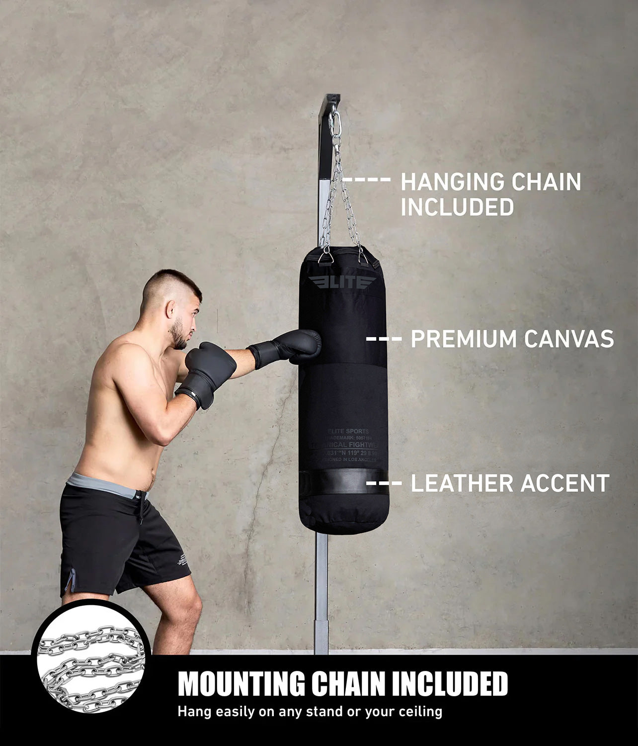 Elite Canvas Punching Bag with Chains Black