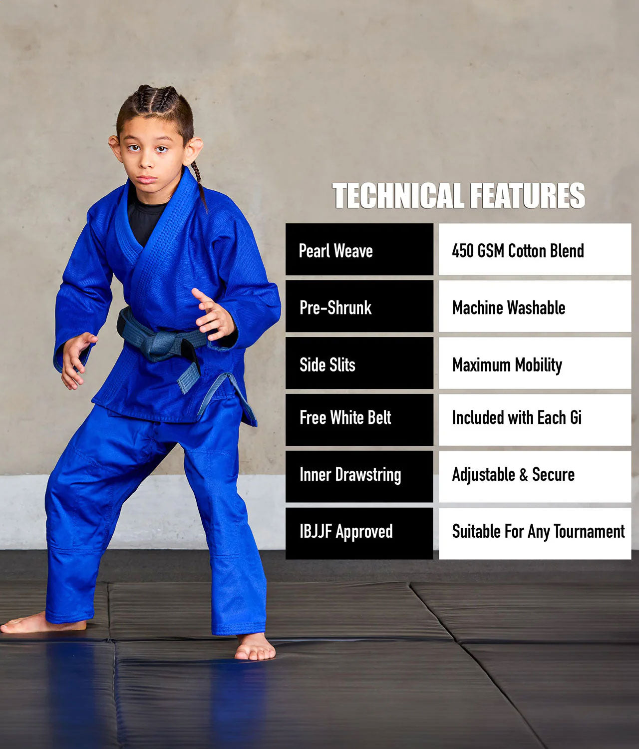 elite essential blue children jiu jitsu uniform technical features