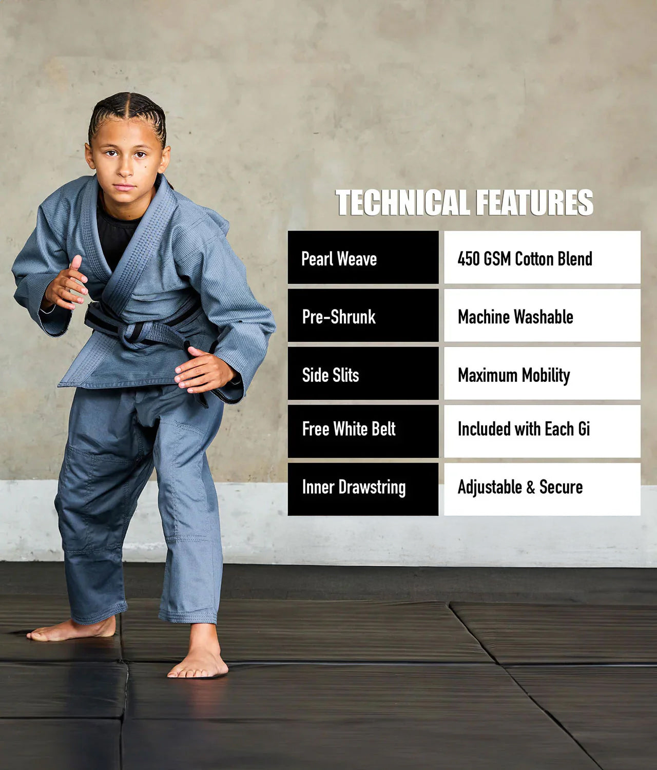 elite essential gray children jiu jitsu uniform technical features