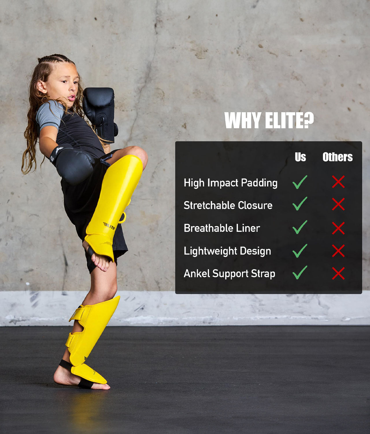 Kids' Plain Yellow Muay Thai Shin Guard : 7 to 10 Years