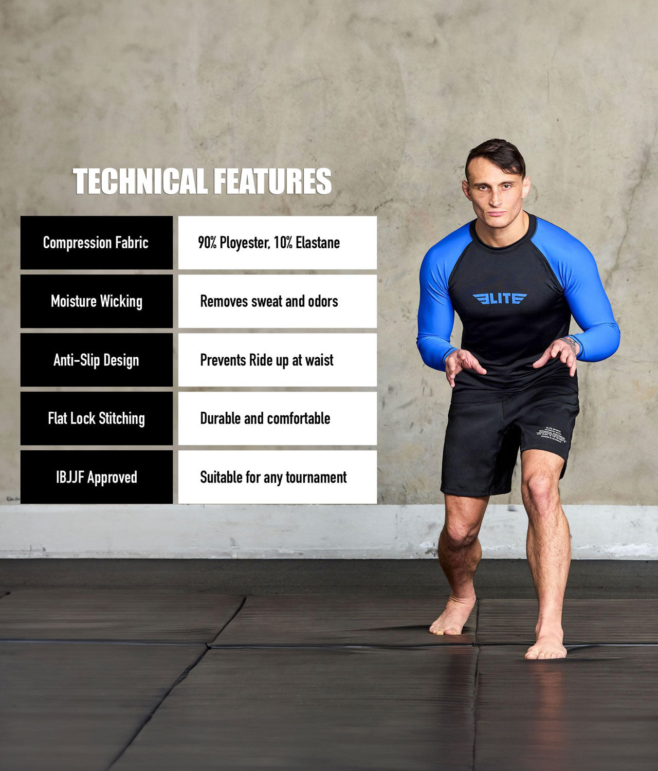 standard blue long sleeve mens jiu jitsu rash guard technical features