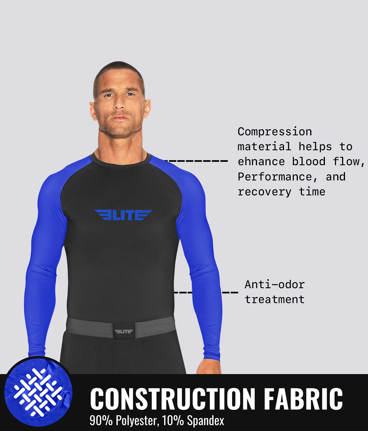 Elite Sports Men's Standard Blue Long Sleeve Wrestling Rash Guard Construction Fabric