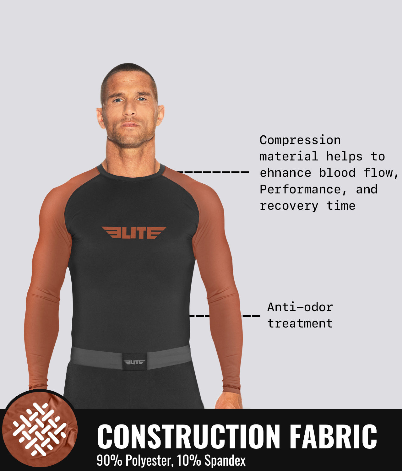 Elite Sports Men's Standard Brown Long Sleeve Wrestling Rash Guard Construction Fabric