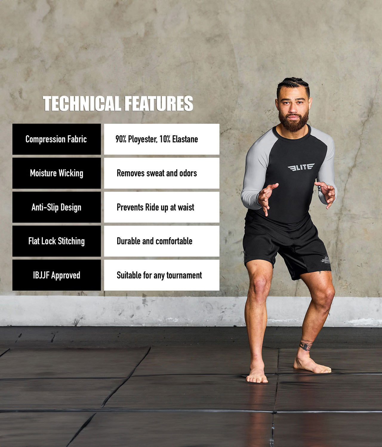 standard grey long sleeve mens jiu jitsu rash guard technical features