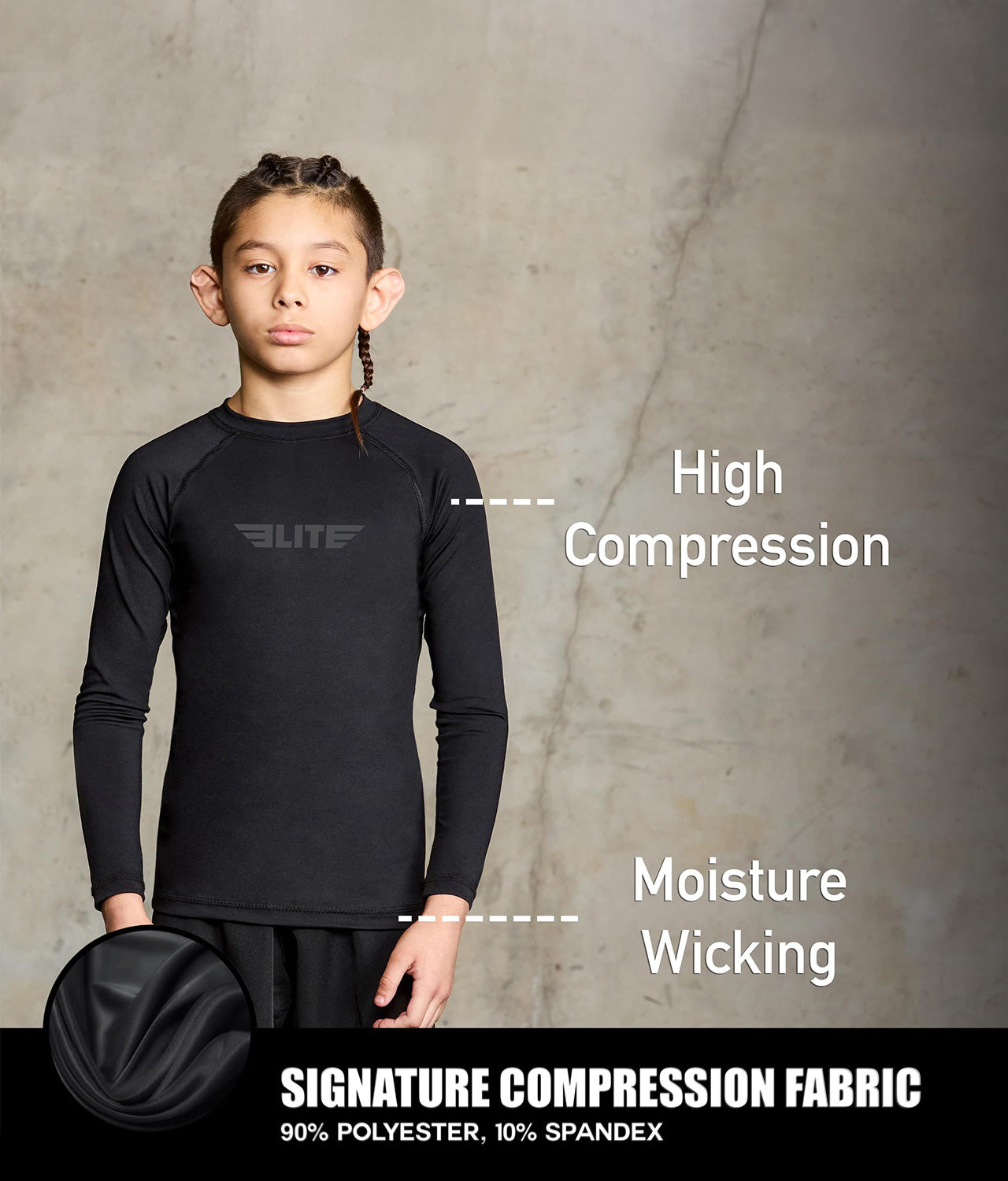 standard black long sleeve youth jiu jitsu rashguard compression fabric