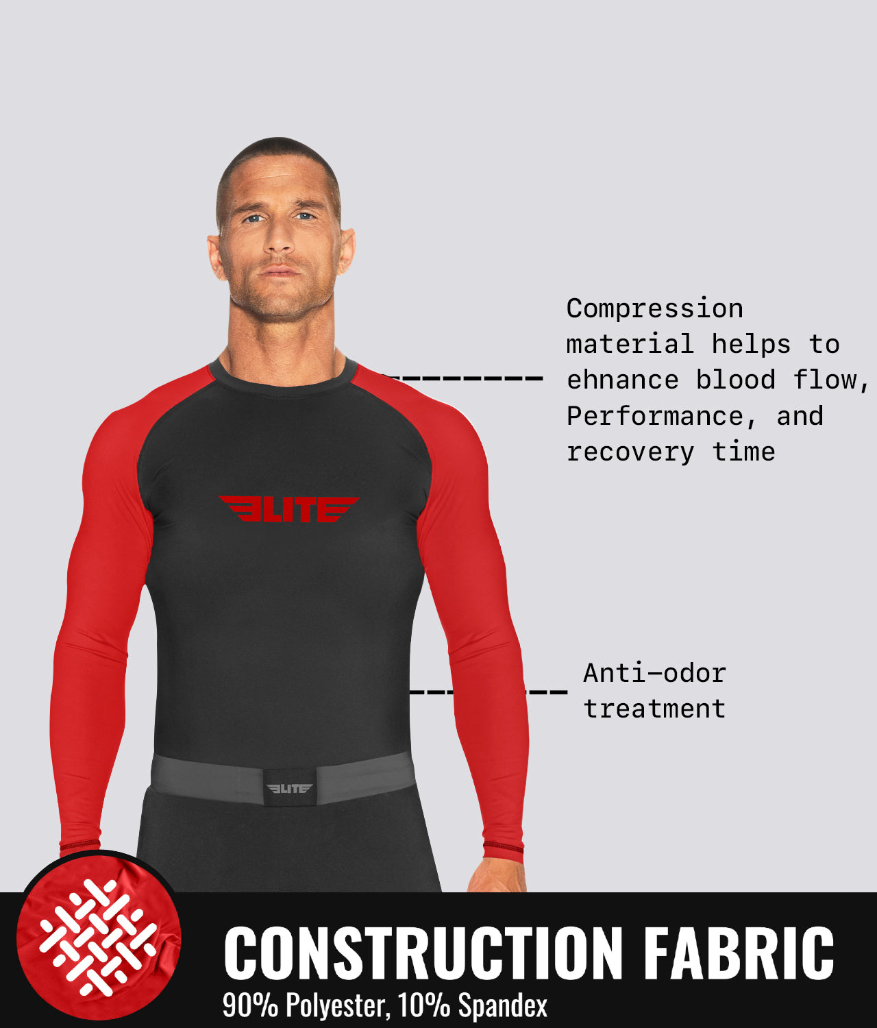 Elite Sports Men's Standard Red Long Sleeve Wrestling Rash Guard Construction Fabric