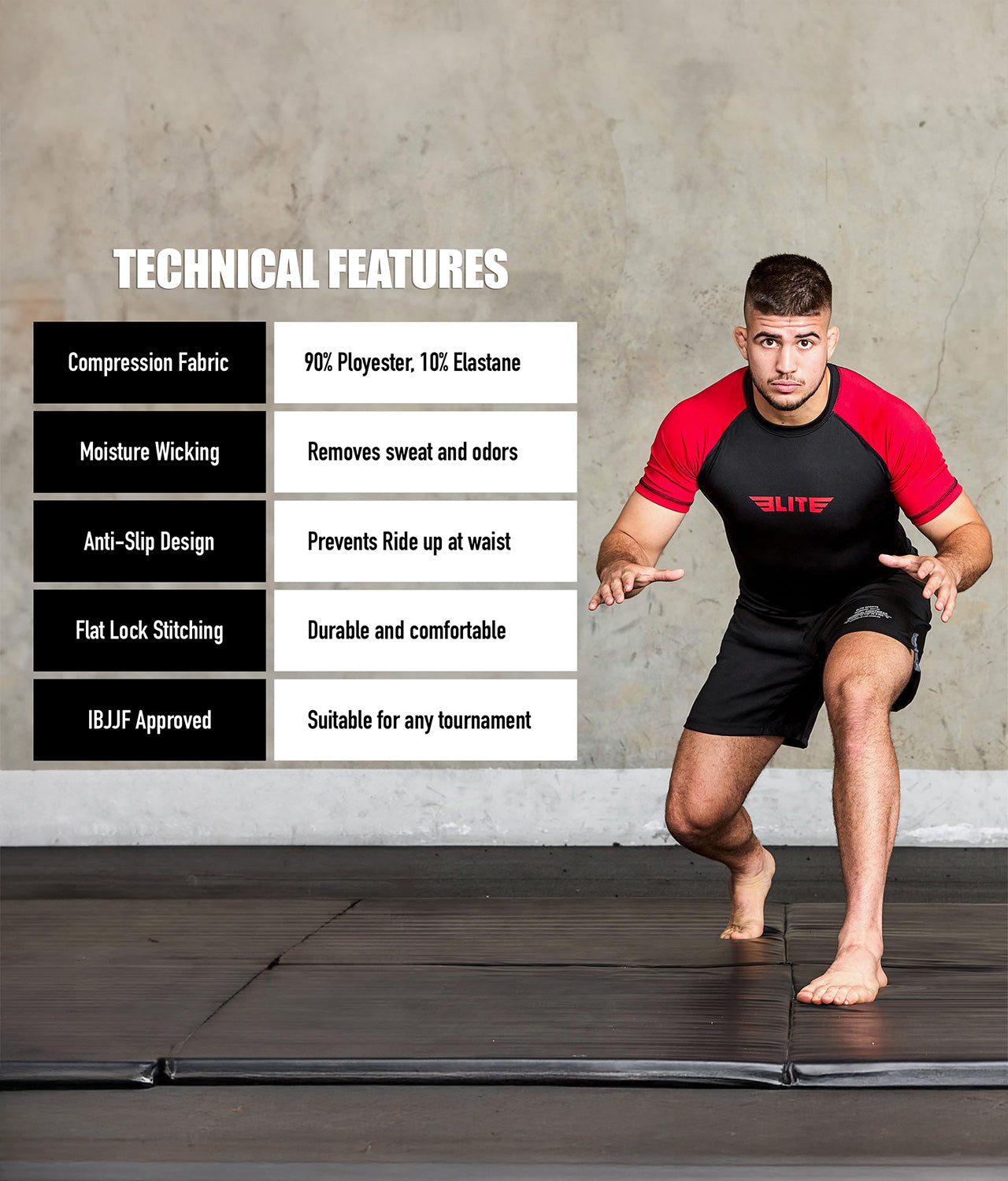 standard red short sleeve mens bjj rashguard technical features