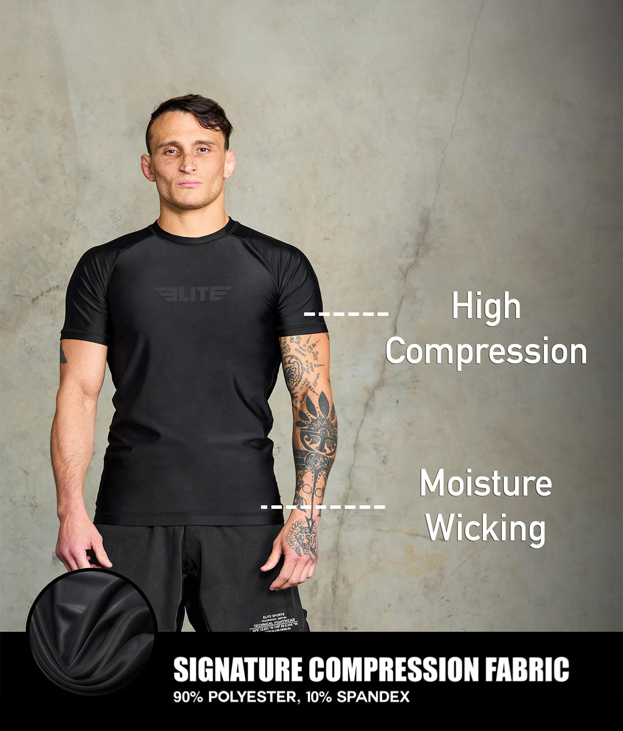 standard black short sleeve mens bjj rash guard compression fabric