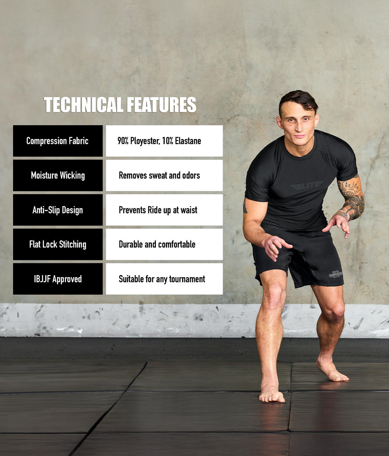 standard black short sleeve mens bjj rashguard technical features