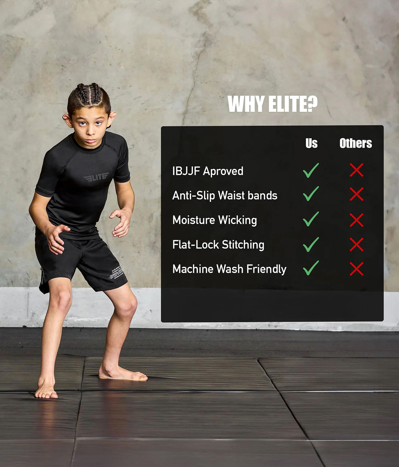 Kids' Standard Black Short Sleeve No-Gi BJJ Rash Guard