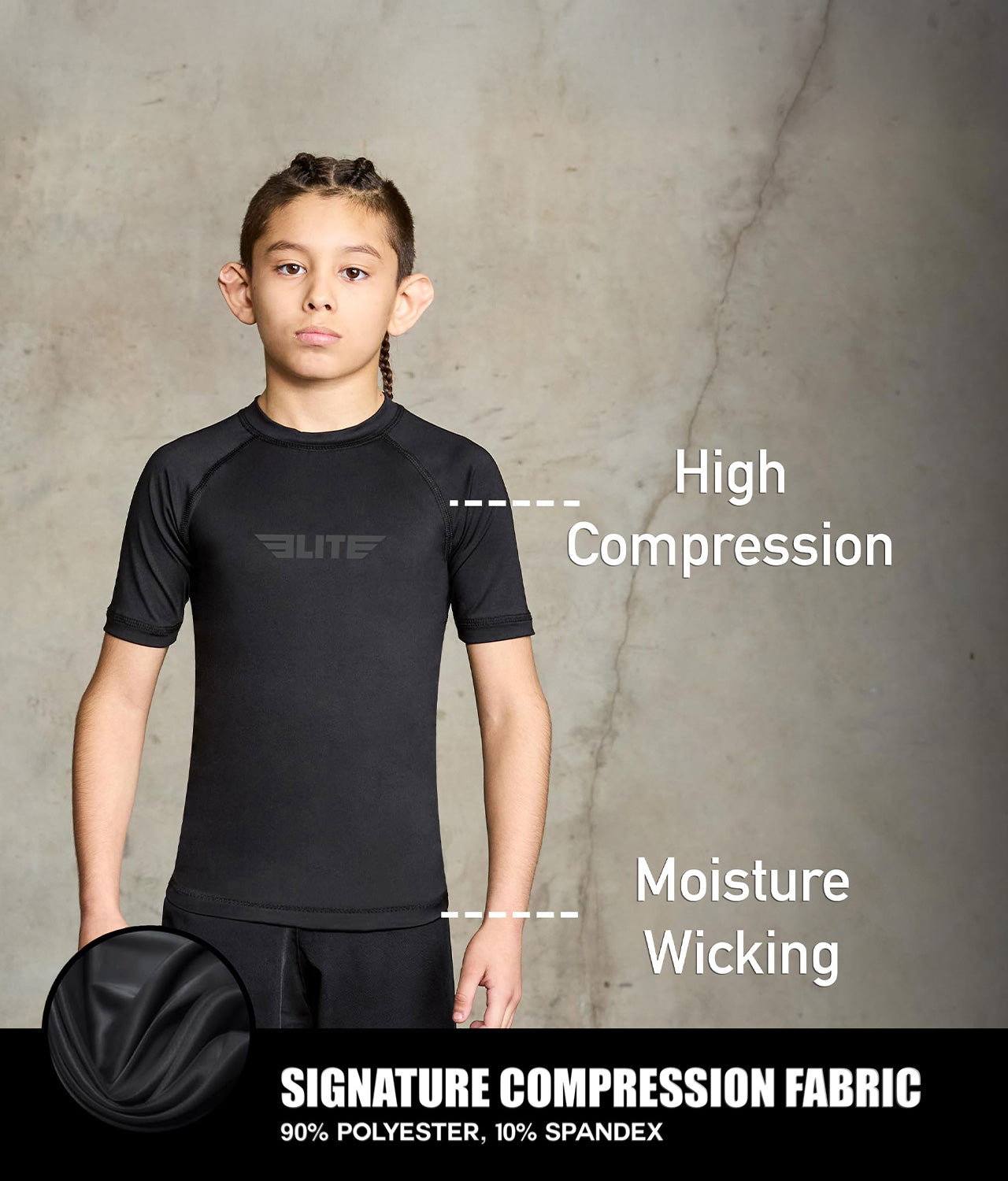 Kids' Standard Black Short Sleeve Boxing Rash Guard