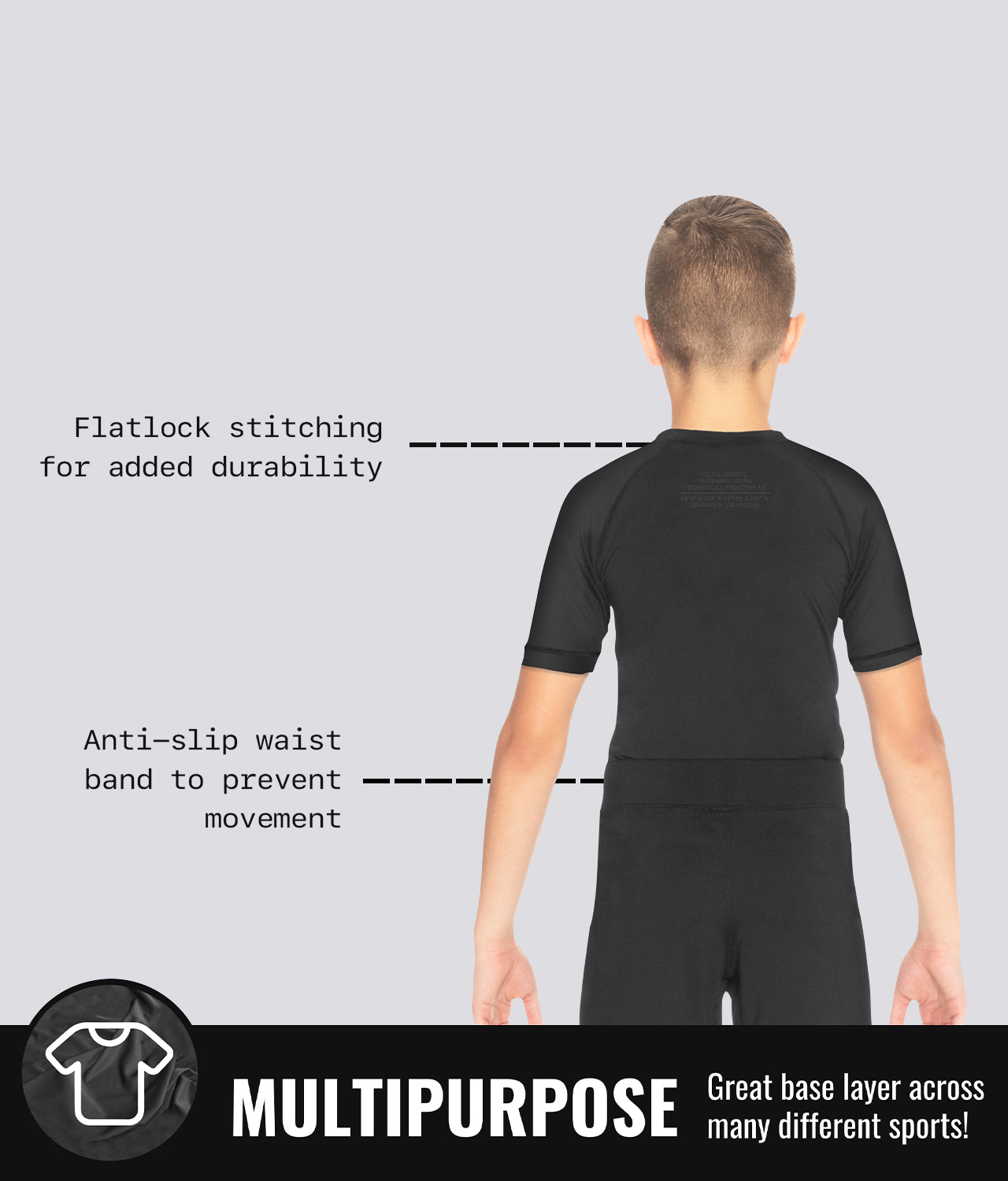 Elite Sports Kids' Standard Black Short Sleeve Muay Thai Rash Guard Multipurpose