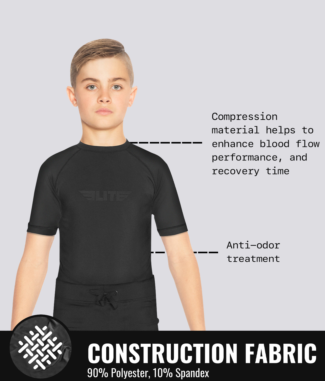 Elite Sports Kids' Standard Black Short Sleeve Muay Thai Rash Guard Construction Fabric