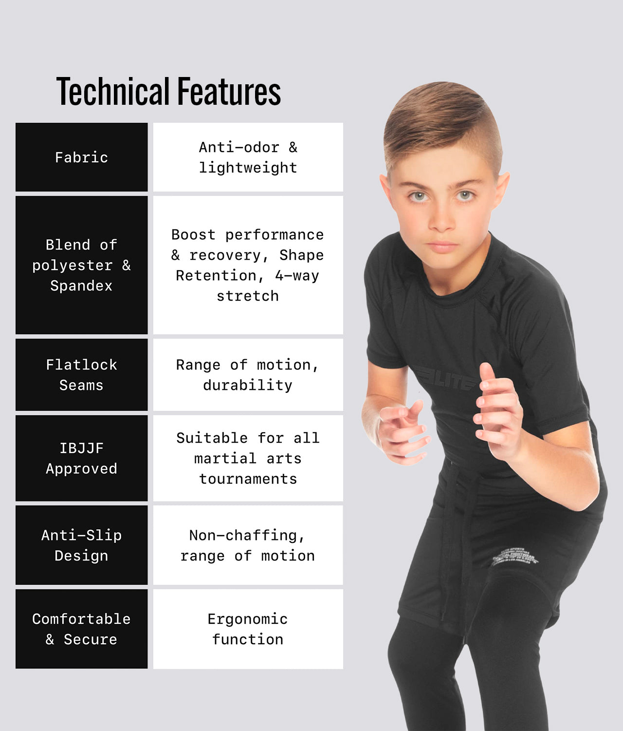 Elite Sports Kids' Standard Black Short Sleeve Wrestling Rash Guard Technical Features