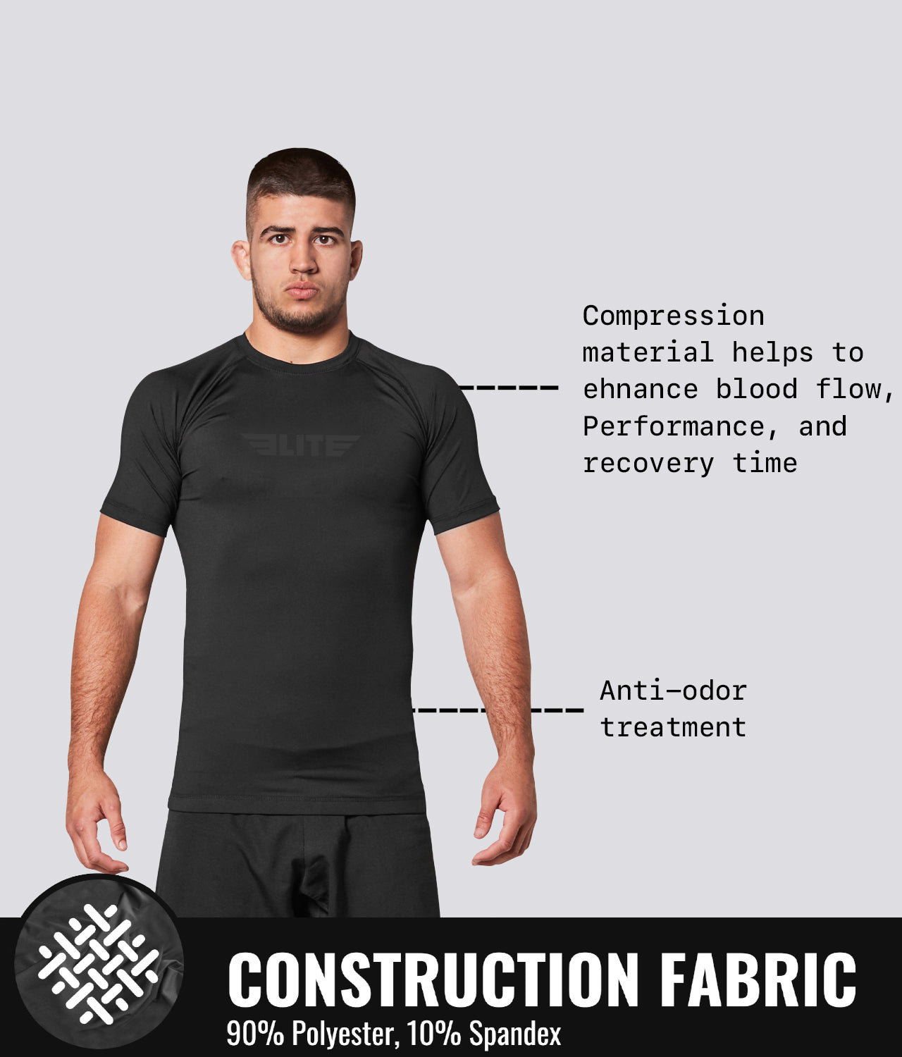 Elite Sports Men's Standard Black Short Sleeve Wrestling Rash Guard Construction Fabric