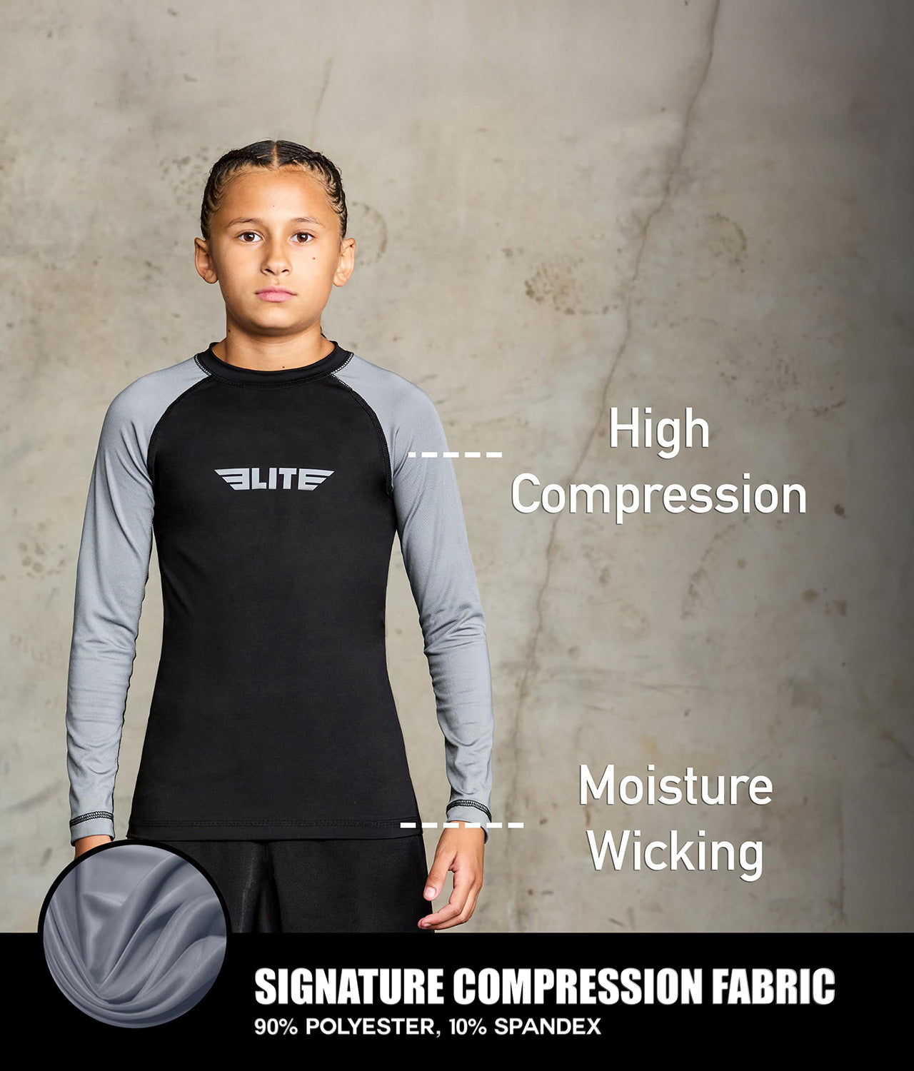 standard grey long sleeve youth jiu jitsu rashguard compression fabric