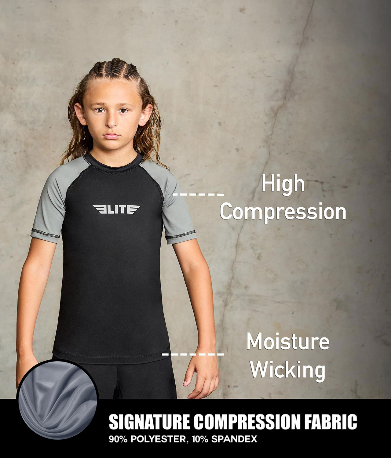 standard gray short sleeve youth bjj rash guard compression fabric