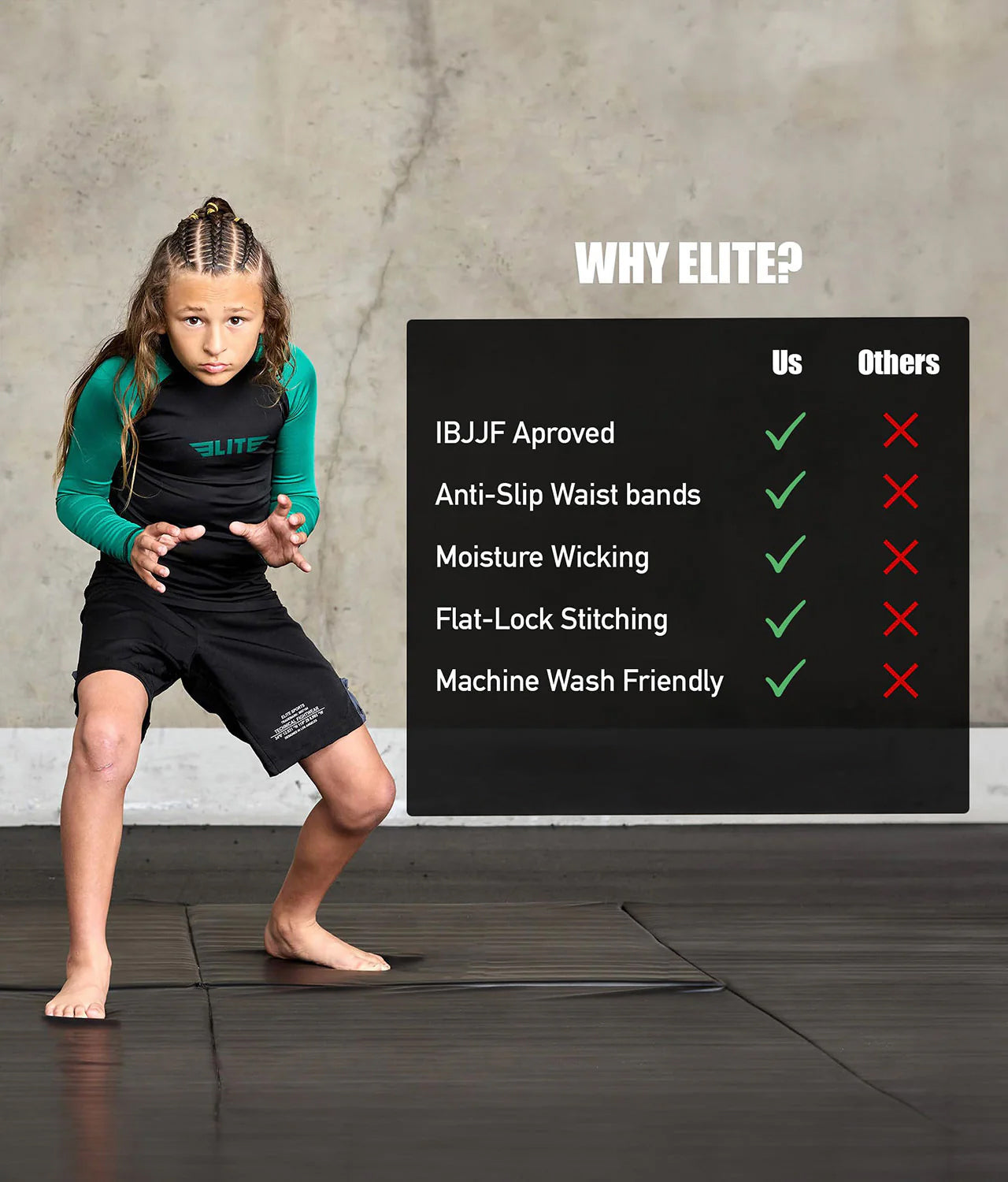 Kids' Standard Green Long Sleeve No-Gi BJJ Rash Guard