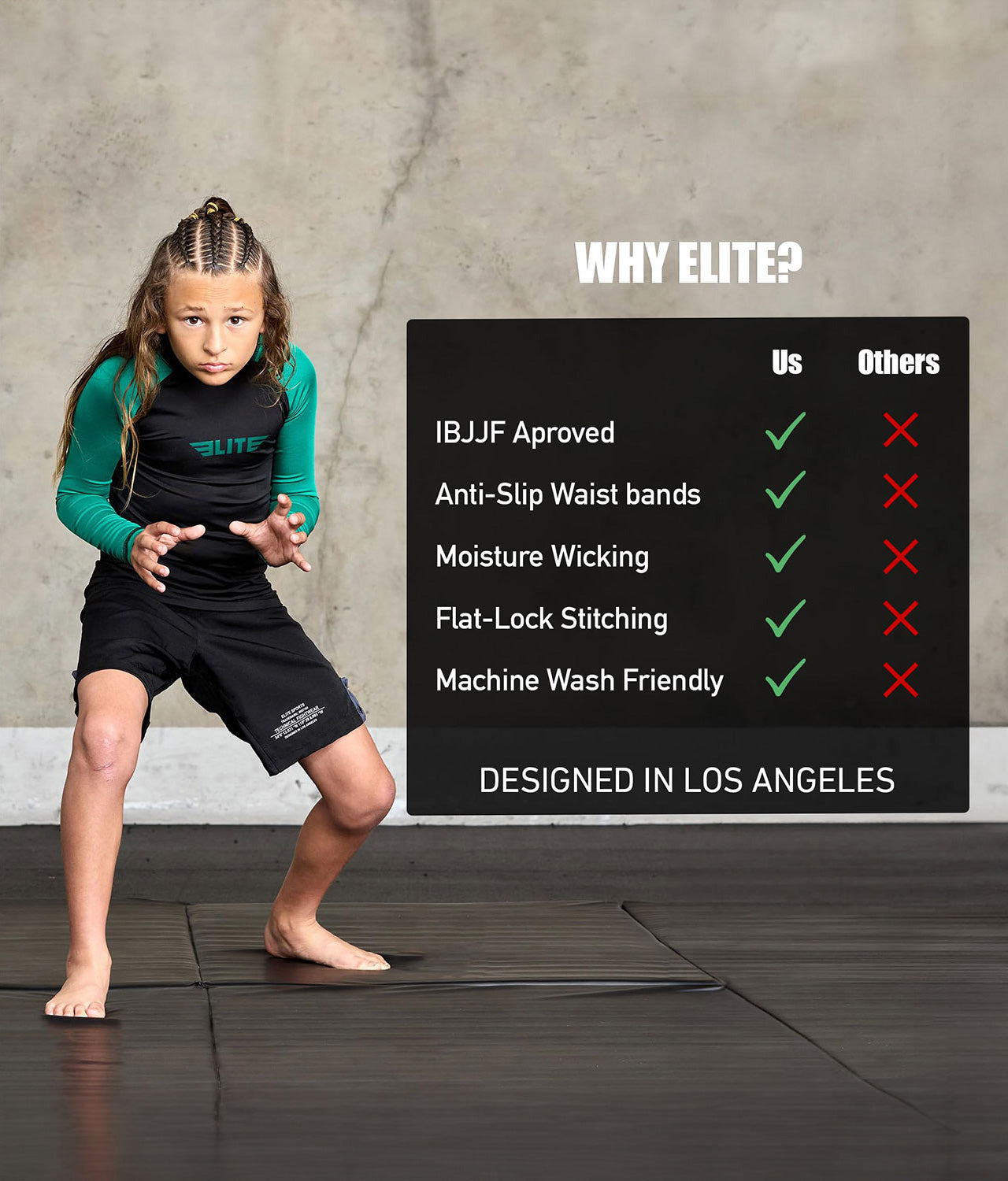 Kids' Standard Green Long Sleeve No-Gi BJJ Rash Guard