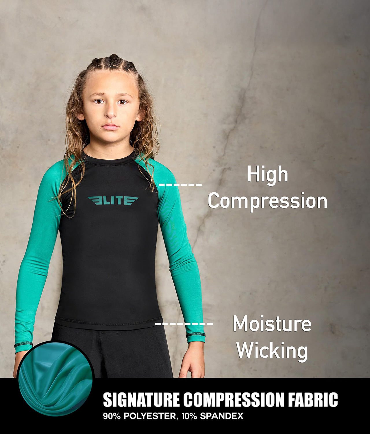 standard green long sleeve youth jiu jitsu rashguard compression fabric