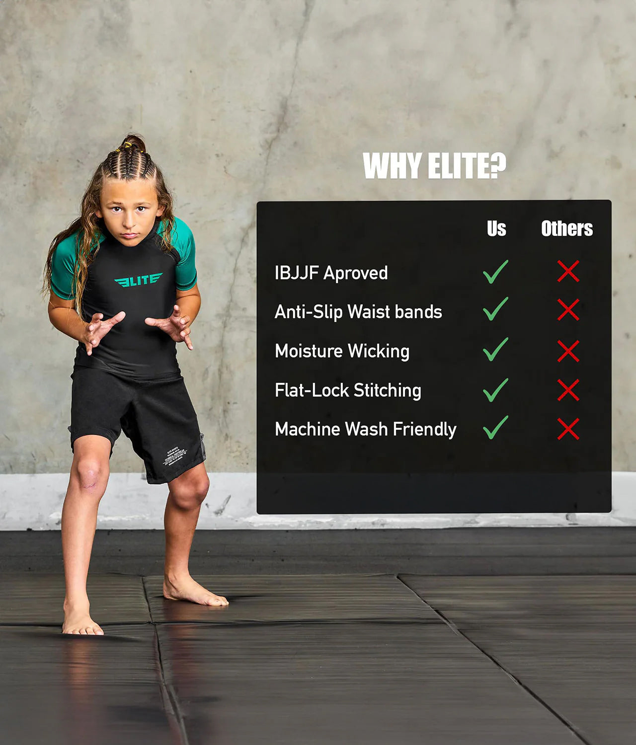 Kids' Standard Green Short Sleeve No-Gi BJJ Rash Guard