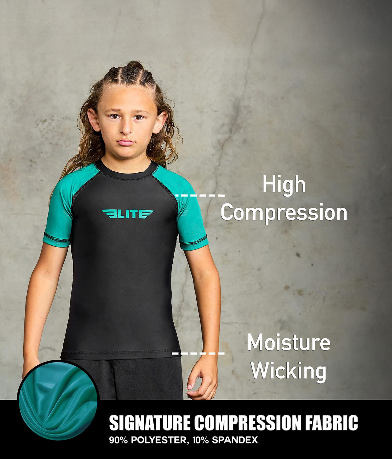 standard green short sleeve youth bjj rash guard compression fabric